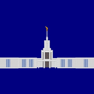 May include: A detailed illustration of a white building with a tall spire topped with a gold statue against a deep blue background. The building has multiple windows with blue accents and a symmetrical design.