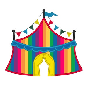 Op de afbeelding: Een kleurrijk gestreept circus tent met een blauw-witte luifel en een gele ingang. De tent heeft een blauwe vlag bovenop en een reeks kleurrijke vlaggen rond de bovenkant.