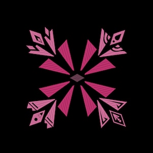May include: A pink and white snowflake design with a diamond shape in the center. The snowflake is made up of multiple points and lines.