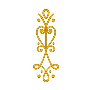 May include: A gold decorative design with a heart shape in the center and swirls at the top and bottom.
