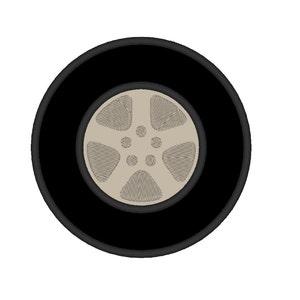 May include: A black tire with a silver rim and five spokes. The tire is on a white background.