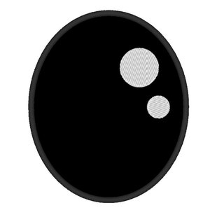 May include: Black and white embroidered patch with a large black circle and two smaller white circles.