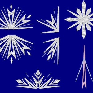 May include: A set of six white snowflake designs on a dark blue background. The snowflakes are in various shapes and sizes, with some having a more intricate design than others.