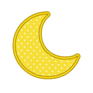 May include: A yellow crescent moon shape with white polka dots, outlined in gold. The moon is a fabric applique, likely for crafting or embellishment. The design is simple and cheerful, suitable for baby items or nursery decor.