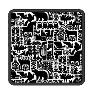 May include: Black and white patterned fabric with a repeating design of animals, birds, and geometric shapes. The fabric has a square shape and a black border.