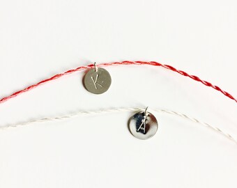 Silk bracelets, 2 delicate friendship bracelets, silver dot pendant, initial, personalized jewelry, letter wish bracelet