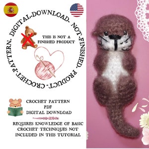 May include: Crochet pattern PDF for a brown and white amigurumi otter. The pattern is a digital download and requires knowledge of basic crochet techniques. The image shows a finished crocheted otter.
