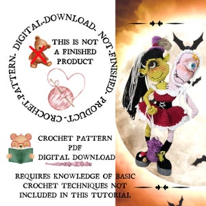 May include: Crochet pattern PDF digital download for a green and purple monster doll with a pink and white monster doll in its arms. The text "This is not a finished product" is in a circle with a red X over a teddy bear. The text "Crochet Pattern PDF Digital Download" is below the circle. The text "Requires knowledge of basic crochet techniques not included in this tutorial" is below the pattern title.