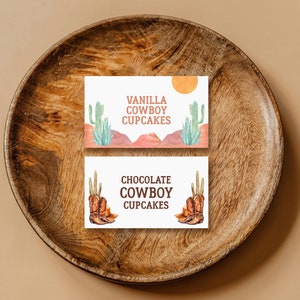 Etiquetas de comida de cowboy tentadas para festa infantil, cartões de lugar de festa do oeste selvagem, decoração de mesa de festa de cowboy, etiquetas de comida de festa ocidental
