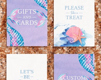 Mermaid Kids Party Signs, Let's Be Mermaids Sign, Custom Mermaid Party Poster, Seashell Mermaid Print, Kids Party Sign, Party Favor Sign