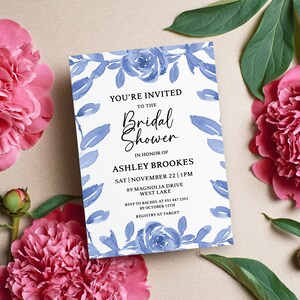 Personalized blue floral invitation for bridal showers, baby Showers and all other events, Elegant Blue rose wedding invite
