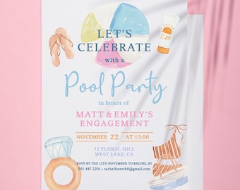 Engagement pool party invitation, Colorful Pool Party Invite For Personalized Engagement & Bridal Shower Parties, Pool Themed Celebrations