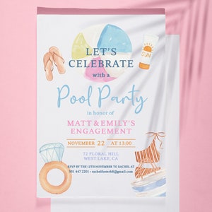 Puede incluir: Una ilustración de acuarela de una invitación a una fiesta en la piscina con una pelota de playa, chanclas, un anillo, un traje de baño y una botella de protector solar. El texto dice "Let's Celebrate with a Pool Party in honor of Matt & Emily's Engagement. November 22 at 13:00. 72 Floral Hill West Lake, CA. RSVP by the 12th November to Rachel at 951 447 2201 - rachelfosterb8@gmail.com"