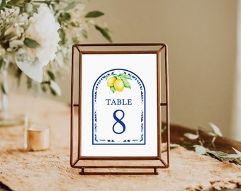 Puede incluir: Una tarjeta blanca con un borde azul y blanco y una ilustración de limón. La tarjeta dice "Mesa 8" en texto azul.