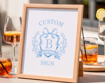 Custom blue crest baby shower sign, vintage crest party sign,Custom wedding monogram sign,personalized baby shower sign,editable shower sign