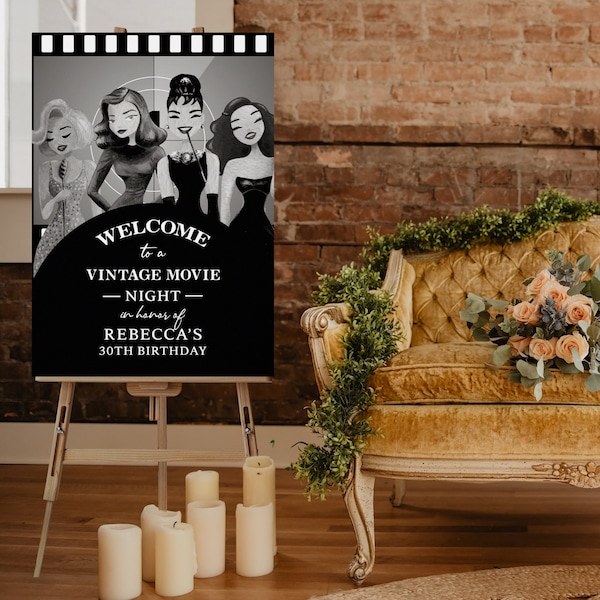Vintage movie night welcome sign, Old Hollywood movie party evening poster, Vintage cinema birthday celebration welcome poster