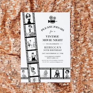 Vintage movie party invitation, Old Hollywood movie night party, Vintage bridal shower invite, Old classic movie birthday celebration