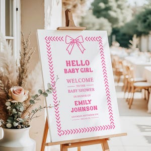 Hello Baby Girl Shower Welcome Sign, Custom Shower Welcome Printable, Pink Whimsical Baby Shower Entrance Sign, Pink Bow Baby Shower Decor