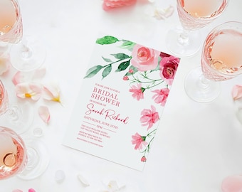 Invitación para despedida de soltera con rosas rosas, elegantes invitaciones florales para despedida de soltera, invitaciones florales personalizadas, invitaciones con temática floral
