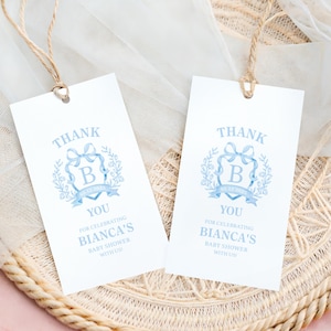Monogram baby shower thank you tags, vintage blue crest favor tags, custom blue baby shower tags, personalized gift tags, party tags