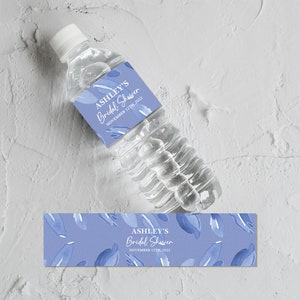Personalized Blue Background With Leaves, Water Bottle Label for Bridal Showers, Personalized Wedding, Baby Shower,Custom water bottle label