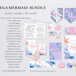 Mega Mermaid Party Bundle, Personalized Mermaid Party Bundle with 20 party decor items, Printable Mermaid Tail Party Bundle