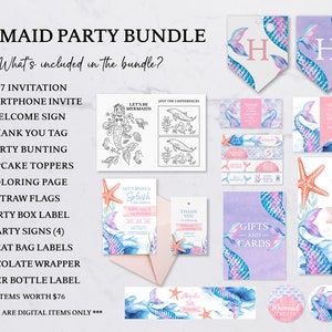 Mermaid Party Decor Bundle, Personalized Mermaid Party Bundle with twelve party decor items, Printable Mermaid Party Bundle, Mermaid Party