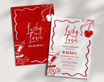 Lucky in love bridal shower invite. Las Vegas themed bachelorette party invite, Red lucky in love invite, Red and white casino invite, Poker