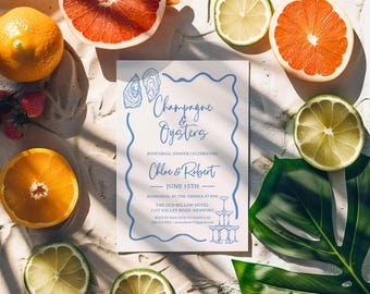 Elegant Oyster & Champagne Dinner Invite, Rehearsal Dinner Wedding Invitation, Whimsical Champagne Party Invitation, Oyster Roast Rehearsal