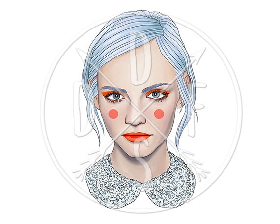 A0110 Fashion Girl Clown Blue Dye Hair Peter Pan Collar Digital Print Instant Download Printable Illustration Pngjpg Files 8x10