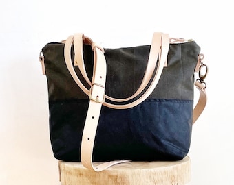 Waxed Handbag Tote with Zipper, Waxed Canvas and Leather Cross Body Work Bag, Stylish Handbag for Work and Travel