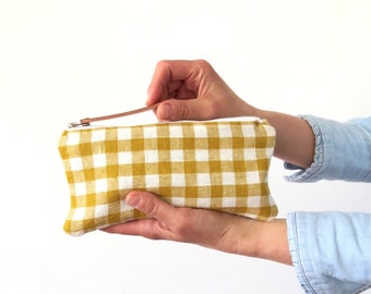 Cute pencil case, Linen pencil case, Checkered fabric pencil pouch, Yellow white check fabric pencil case, Personalized pencil case zipper