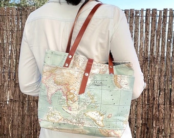 World Map canvas tote bag with leather straps, Personalized Canvas and Leather Travel handbag