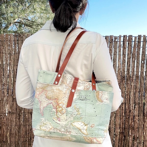 World Map canvas tote bag with leather straps, Personalized Canvas and Leather Travel handbag