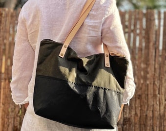 Wax Canvas and Leather Tote Bag with Zipper, Waxed Canvas Handbag for Everyday