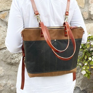 Convertible Backpack Purse, Waxed Canvas Backpack Tote Bag, Functional Rucksack with Leather Straps, Personalized Handbag for Woman