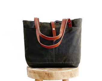 Classy Waxed Handbag Woman, Waxed Canvas Tote Bag with leather handles, Personalized Shoulder bag with pockets