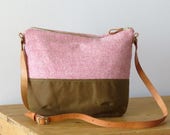 Crossbody Bag, Canvas Purse Satchel, Messenger Cross body bag, Womens Satchel, Canvas and Wool Bag, Pink Herringbone Purse, One of a Kind
