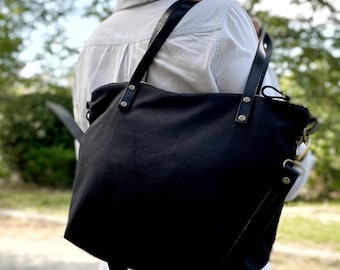 Waxed Canvas Crossbody Tote Bag, Leather Straps, Personalized Handbag