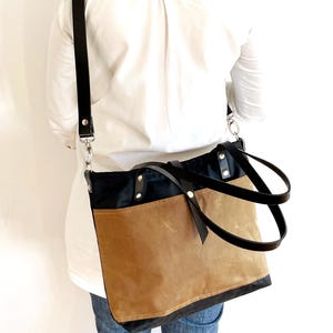 Waxed Canvas Tote with leather shoulder strap, Stylish Canvas Crossbody Bag for Everyday