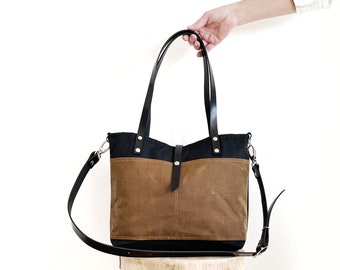 Cross Body Handbag for Women, Waxed Canvas Tote with leather shoulder strap, Stylish Everyday Bag for Work and Travel