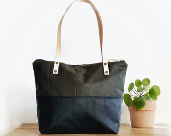 Wax Canvas and Leather Tote Bag with Zipper, Waxed Canvas Handbag for Everyday