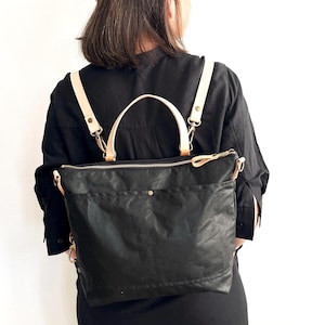 Waxed Canvas Convertible Backpack Purse, Leather Straps, Personalized Slouch Bag