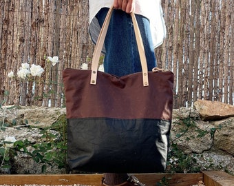 Large Tote Bag with zipper and leather handles, Waxed Canvas Colour block Everyday Bag, Personalized Canvas and Leather Handbag Tote