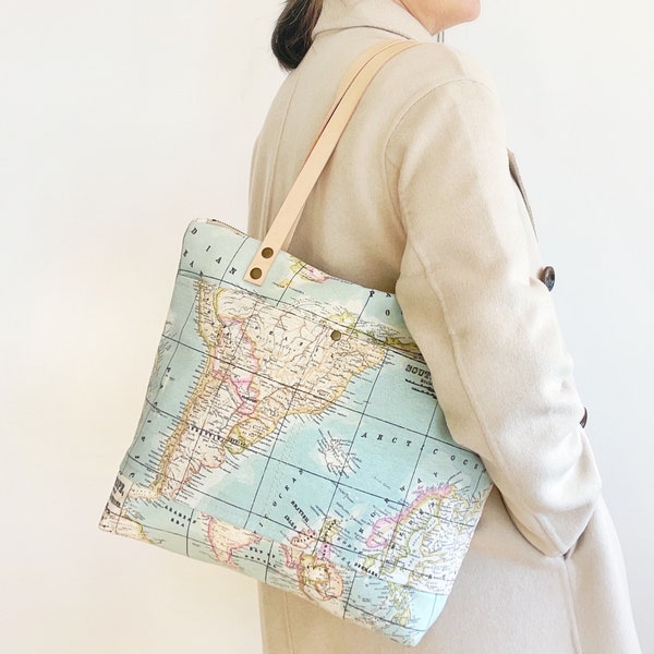 World Map Bag with zipper and leather handles, Canvas Travel Tote with Atlas print for Globetrotter