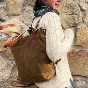 Laptop Rucksack Tote, Gewachster Canvas Wandelbarer Rucksack, Personalisierter Canvas und Leder Rucksack, Großes Canvas Arbeitstaschen Laptop Fach