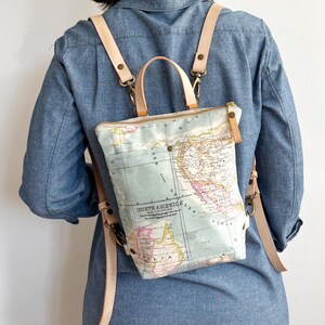 Canvas Backpack Purse: Mini Size, World Map Print, Leather Straps, Convertible Travel Bag, Personalised