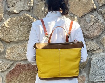 Minimalistischer Canvas-Rucksack, kleiner Reiserucksack für Damen, umwandelbarer Rucksack in Gelb Mellow, Tagesrucksack aus gewachstem Canvas-Leder