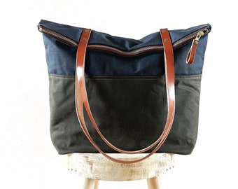 Personalized Handbag with zipper, Waxed Canvas Tote with colorwork, Large Everyday Canvas Tote Bag with leather handles