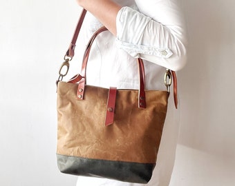 Waxed Canvas Top Handle Bag with Zipper and Shoulder Strap, Small Size Top Handle Purse